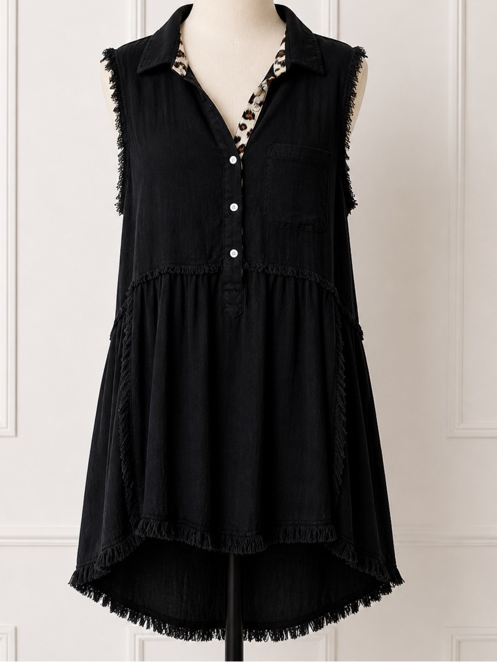 Umgee Black Sleeveless Fringe Tunic with Leopard Trim